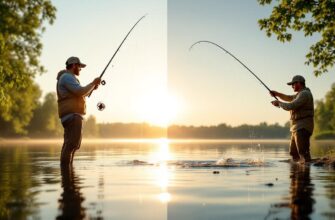 A comparison of braided and monofilament fishing lines in a tranquil lakeside setting.