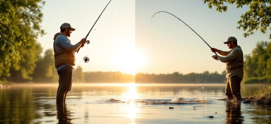 A comparison of braided and monofilament fishing lines in a tranquil lakeside setting.