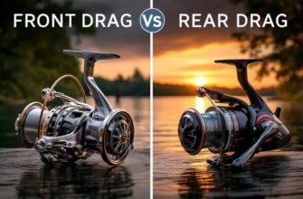 Сравнение рыболовных катушек с передним и задним фрикционом у тихого озера на закате.
